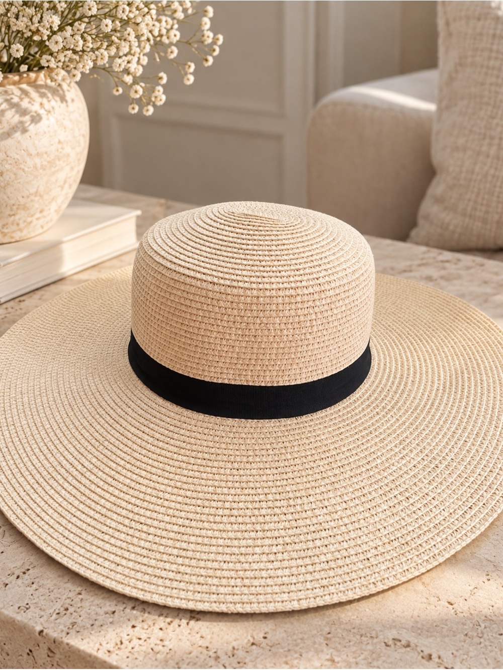 Wide Brim Straw Sun Hat with Black Band